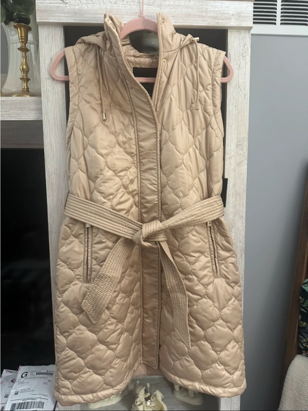 kate spade Quilted Satin Vest in Taupe with Gold Hardware